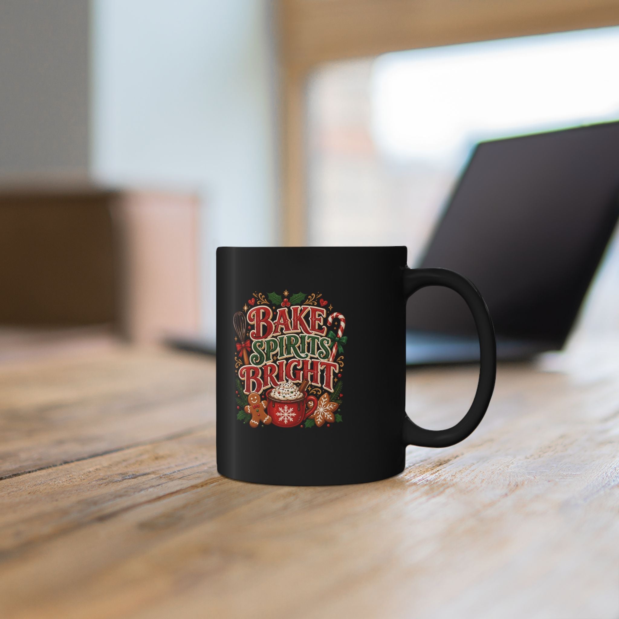 Bake Spirits Bright Christmas Mug — Festive Holiday Cocoa & Gingerbread Coffee Cup