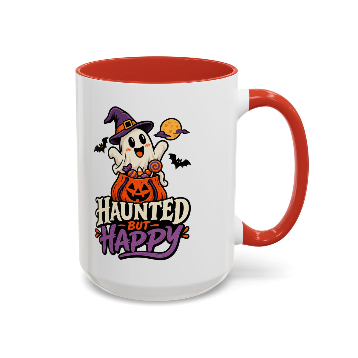 Haunted But Happy Coffee Mug — Halloween Ghost Pumpkin Accent Mug (11/15oz)