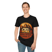 "Home Where I Park It" Vintage Camper Van Graphic Tee - Retro Sunset Mountain White T-Shirt - Trending Now - September 2026