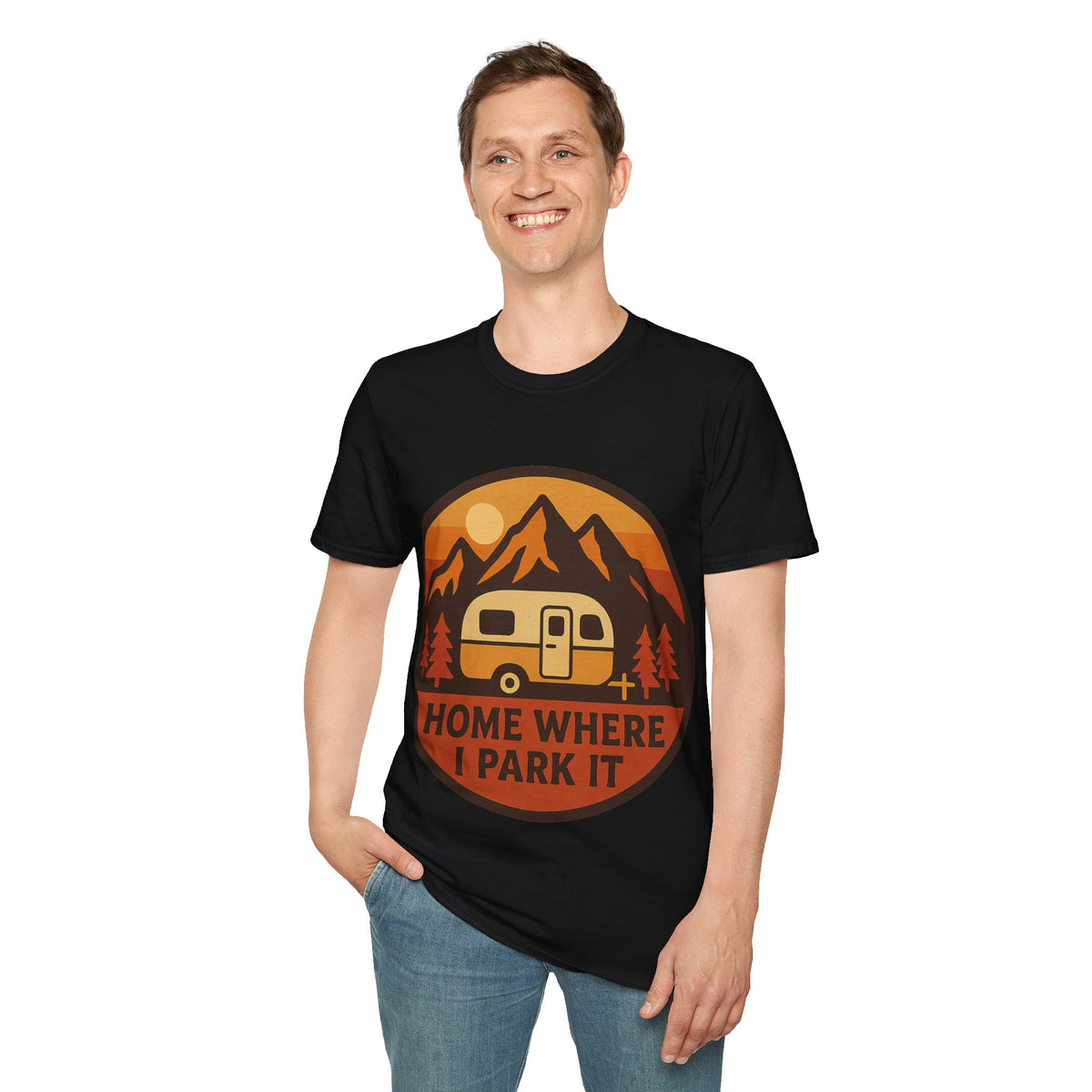 "Home Where I Park It" Vintage Camper Van Graphic Tee - Retro Sunset Mountain White T-Shirt - Trending Now - September 2026