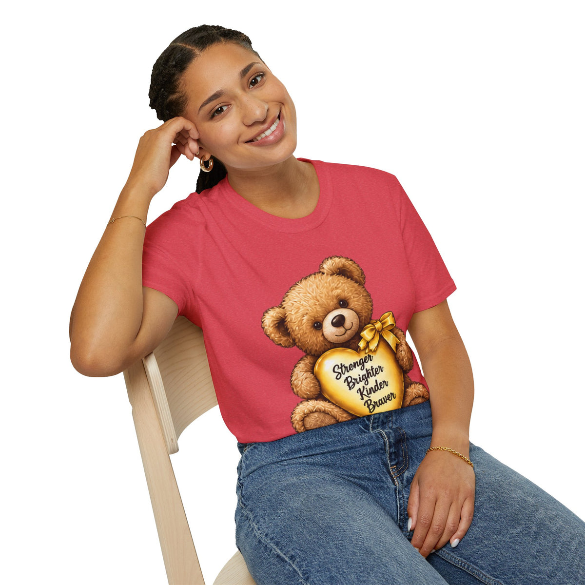 Childhood Cancer Awareness Teddy T-Shirt — "Stronger Brighter Kinder Braver"