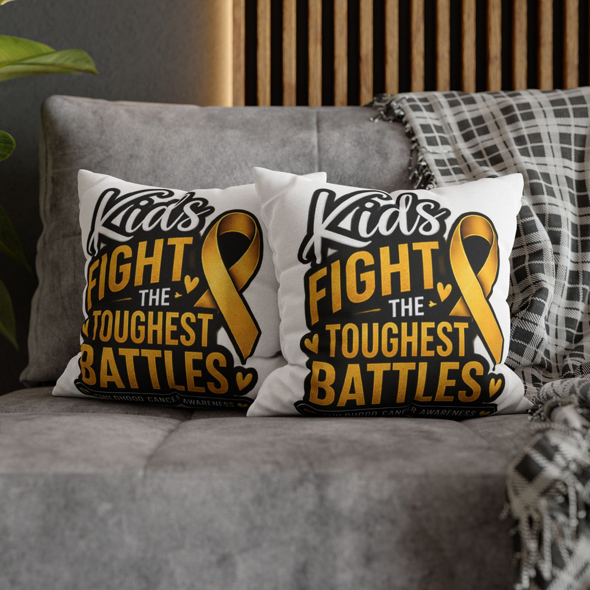 Childhood Cancer Awareness Pillowcase – “Kids Fight the Toughest Battles” Gold Ribbon Throw Pillow