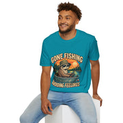 Funny And Witty T-Shirt — “Gone Fishing, Avoiding Feelings” Sloth Fishing Graphic Tee