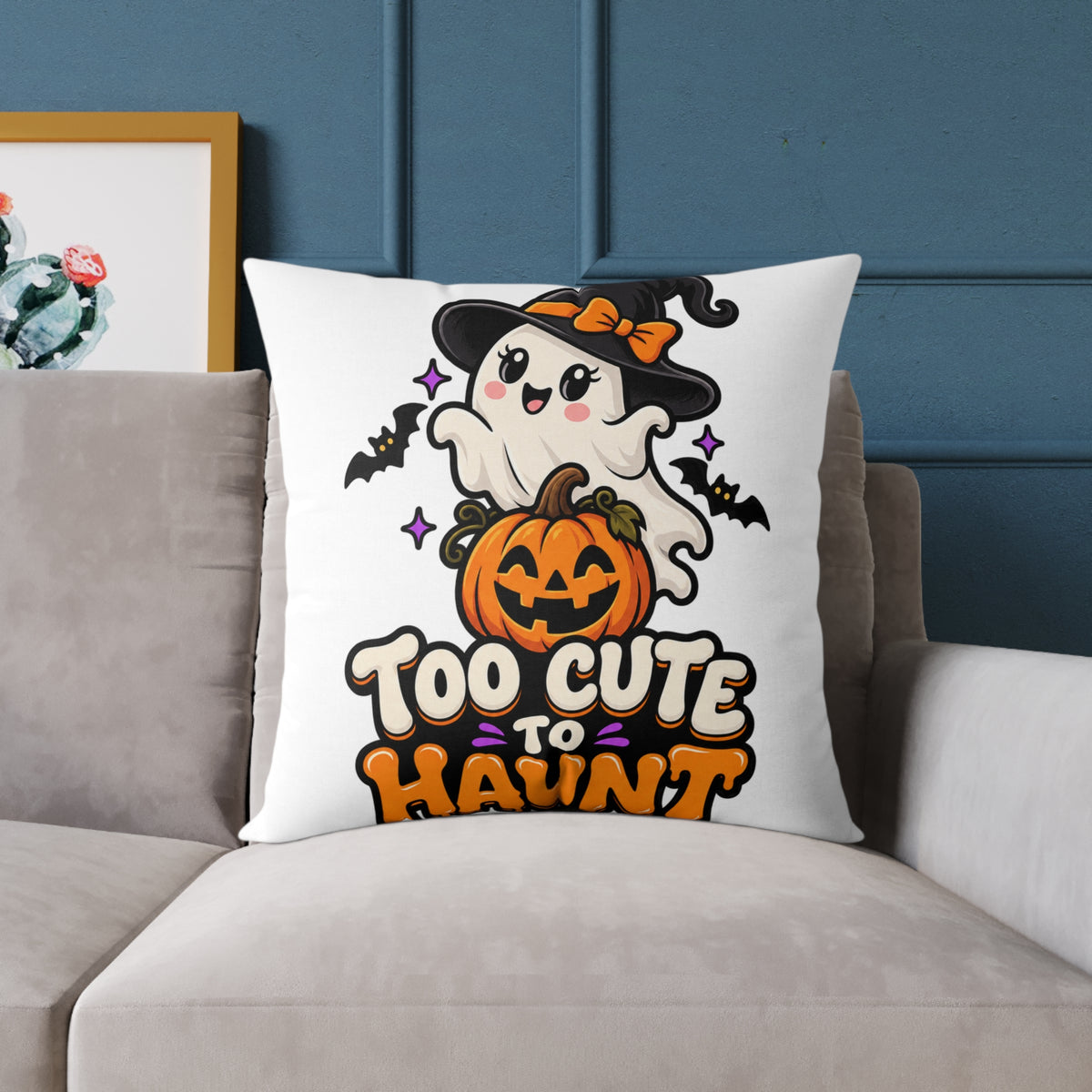 Halloween Ghost Pillow — "Too Cute to Haunt" Cute Pumpkin Decor