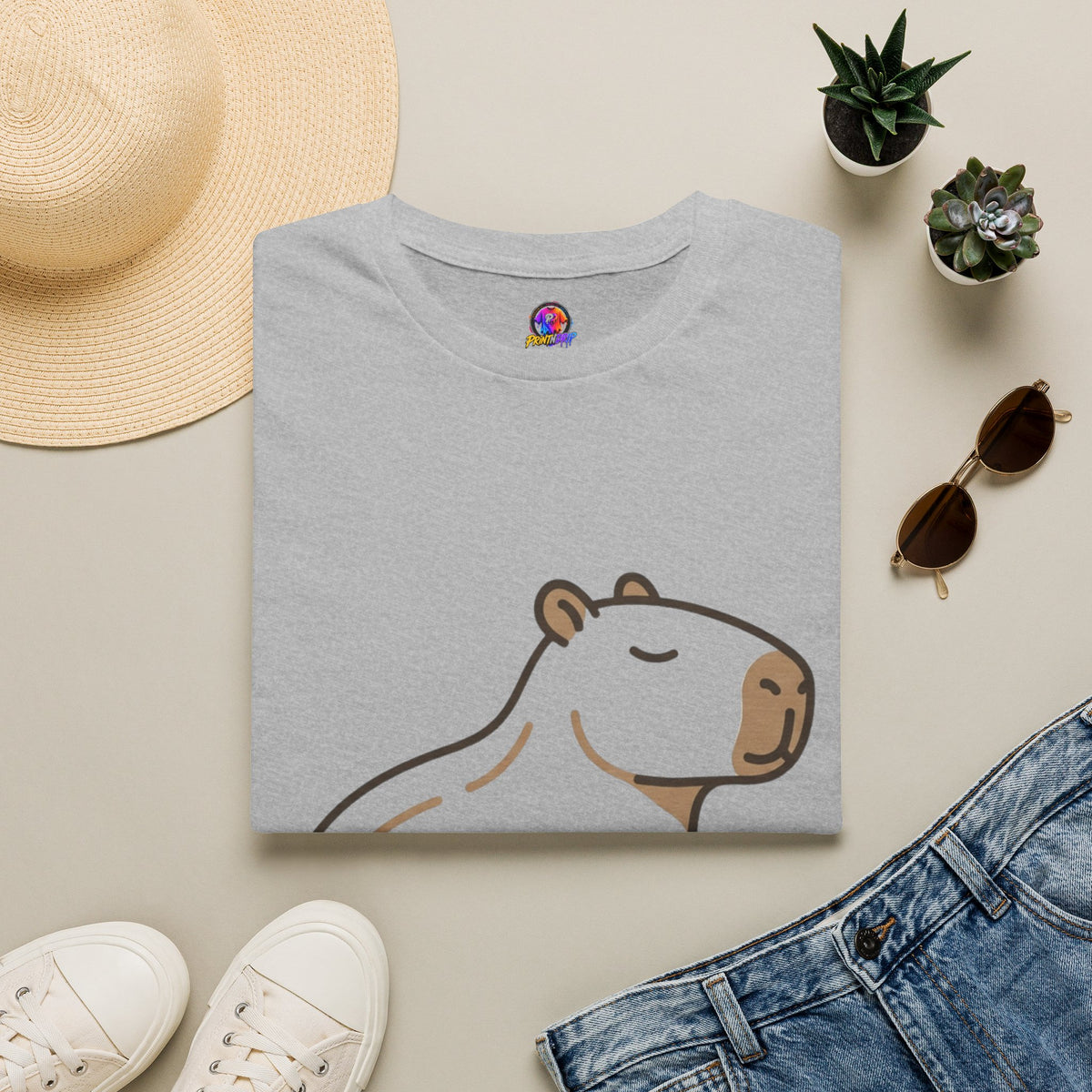 Cute Relaxed Capybara T-Shirt — Minimal Cartoon Capybara Graphic Tee