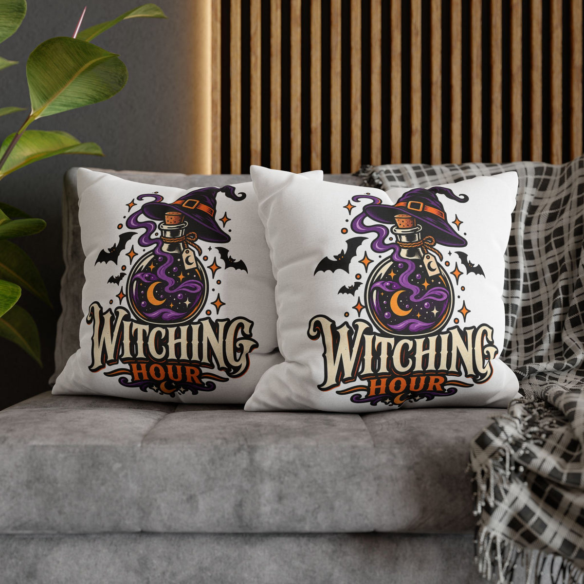Witching Hour Square Pillowcase – Halloween Potion Witch Hat Throw Pillow Cover