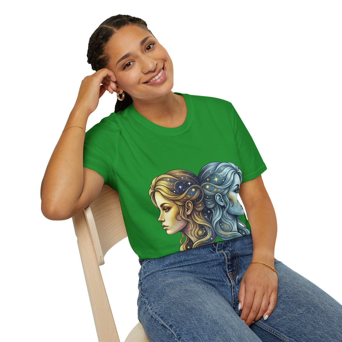 Zodiac Gemini Sun & Moon T-Shirt — Dual Faces Cosmic Design