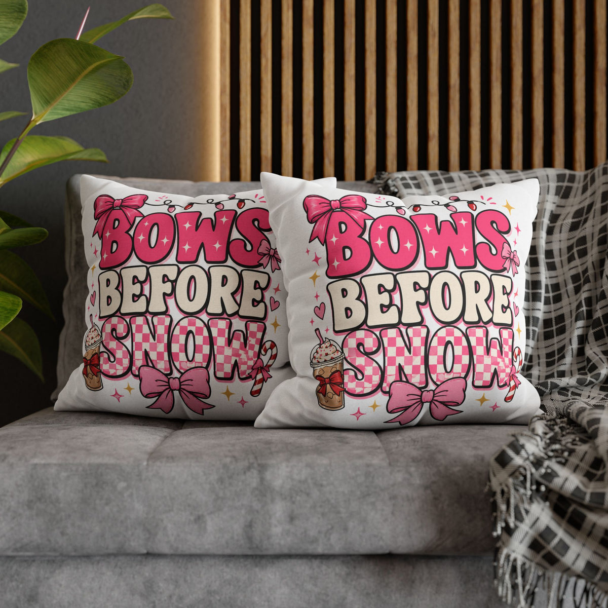 Bows Before Snow Holiday Pillowcase Modern Day Christmas – Pink Christmas Decorative Throw Pillow Cover