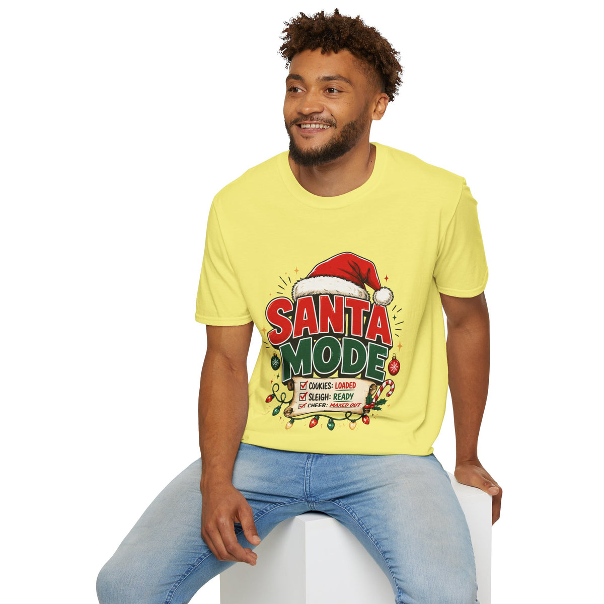 Santa Mode T-Shirt — Holiday Christmas Graphic Tee with Santa Hat