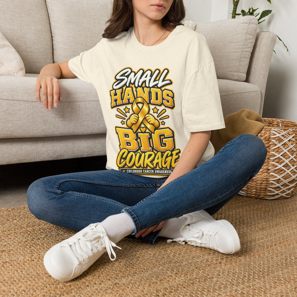 Children's Cancer Awareness T-Shirt — "Small Hands Big Courage" Yellow Ribbon