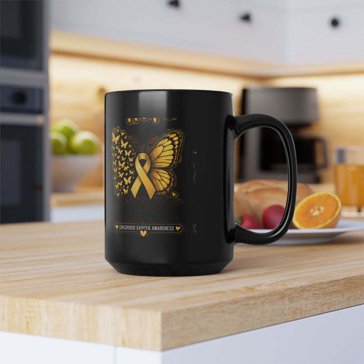 Childhood Cancer Awareness Mug — Gold Ribbon Butterfly Black Coffee Cup (11oz, 15oz)