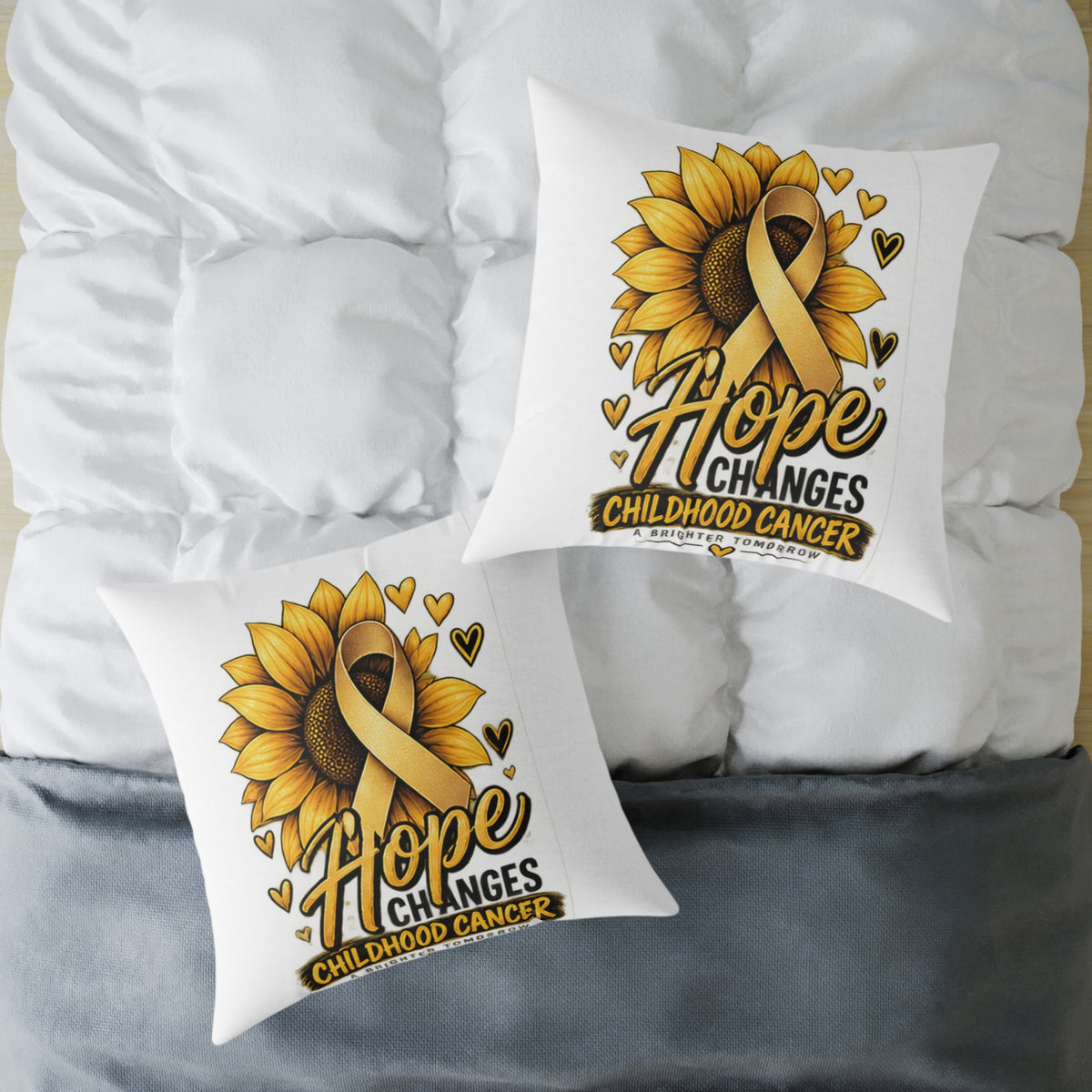 Childhood Cancer Awareness Pillow — 'Hope Changes' Sunflower Ribbon Square Throw Pillow