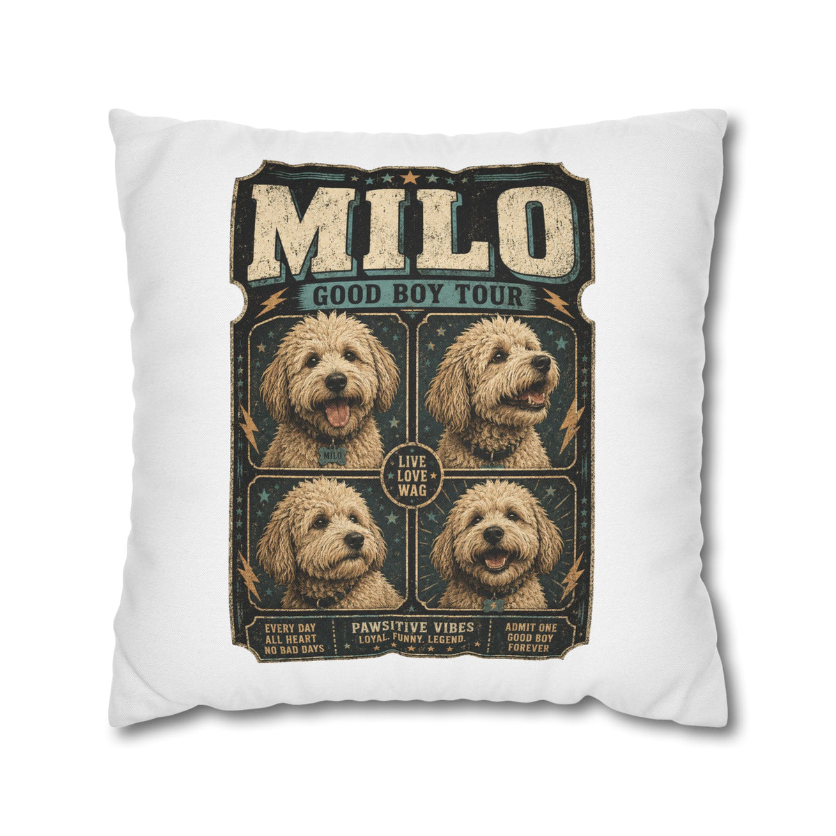 Milo "Good Boy Tour" Square Pillowcase — Cute Dog Portrait Decorative Pillowcase Milo Bailey Dog Dad Mom