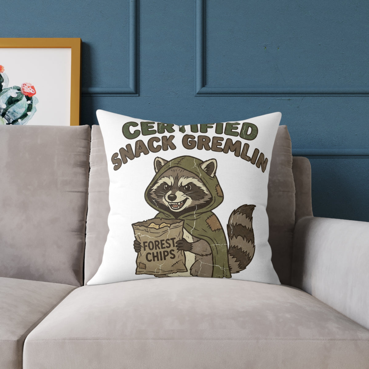 Funny Certified Snack Gremlin Raccoon Pillow — Cute Animal Snack Lover Throw Pillow