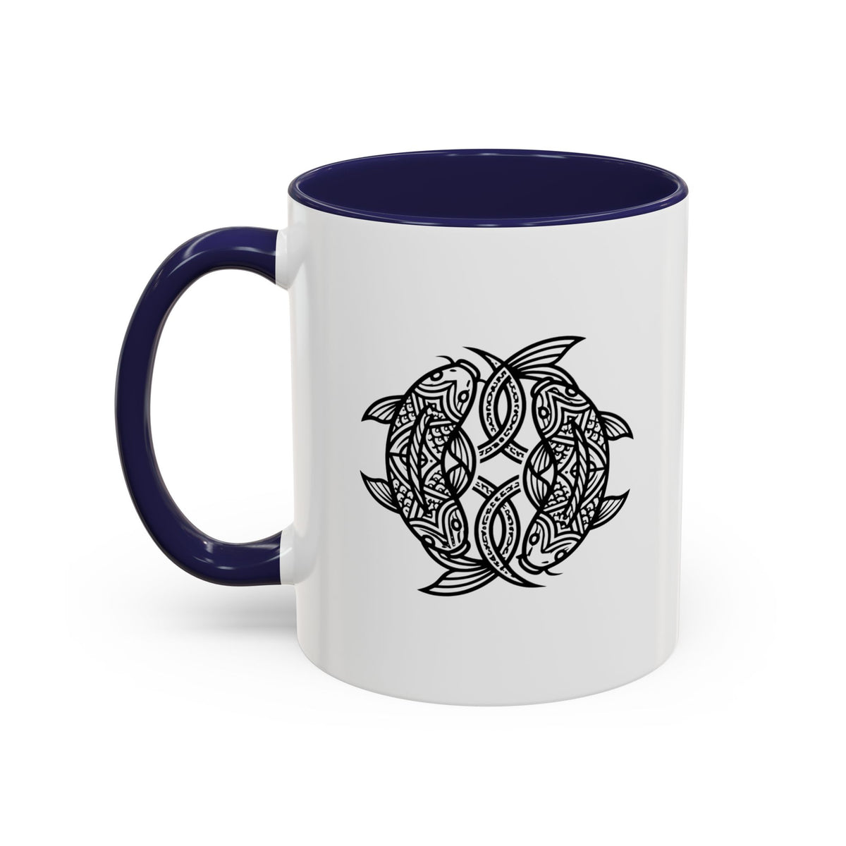 Pisces Zodiac Turtle Mandala Accent Coffee Mug – Black Interior & Handle, Intricate Tribal Sea Turtle Design