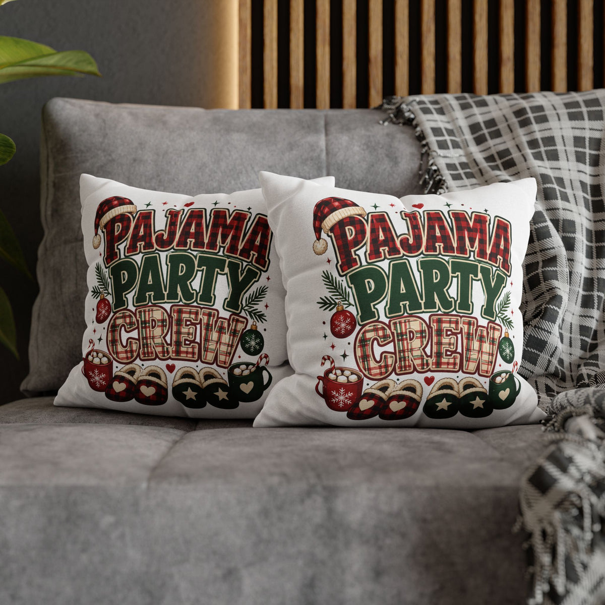 Christmas Pajama Party Crew Pillowcase — Christmas Holiday Decorative Throw Pillow Cover
