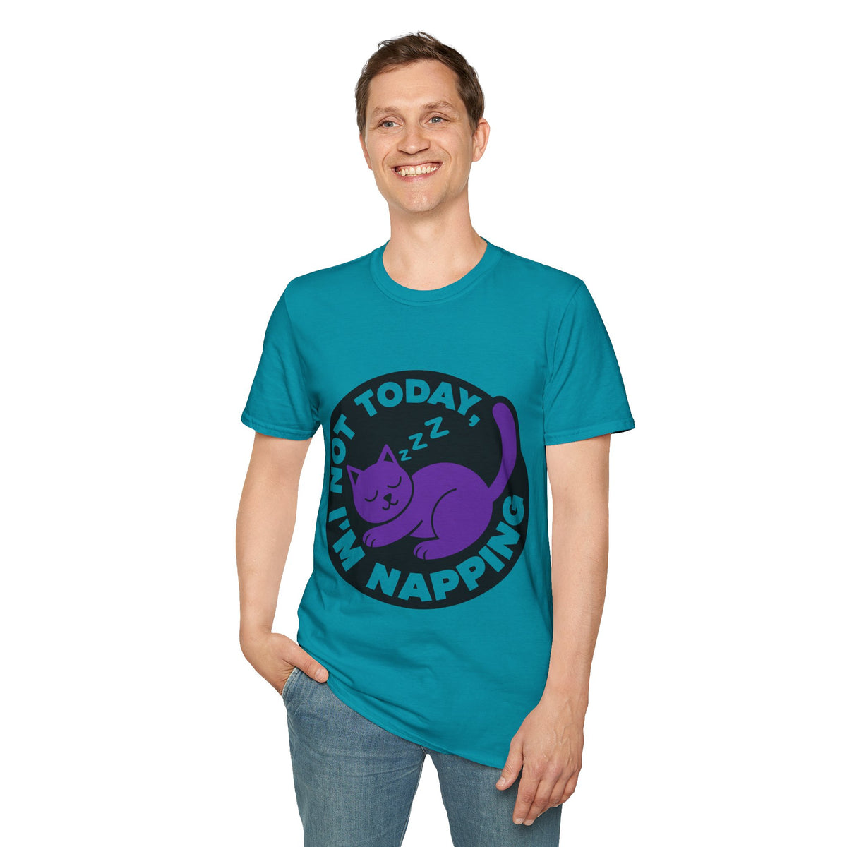 Not Today I'm Napping Purple Cat Tee - Funny Sleeping Kitten Badge Graphic T-Shirt - Trending Now - September 2026