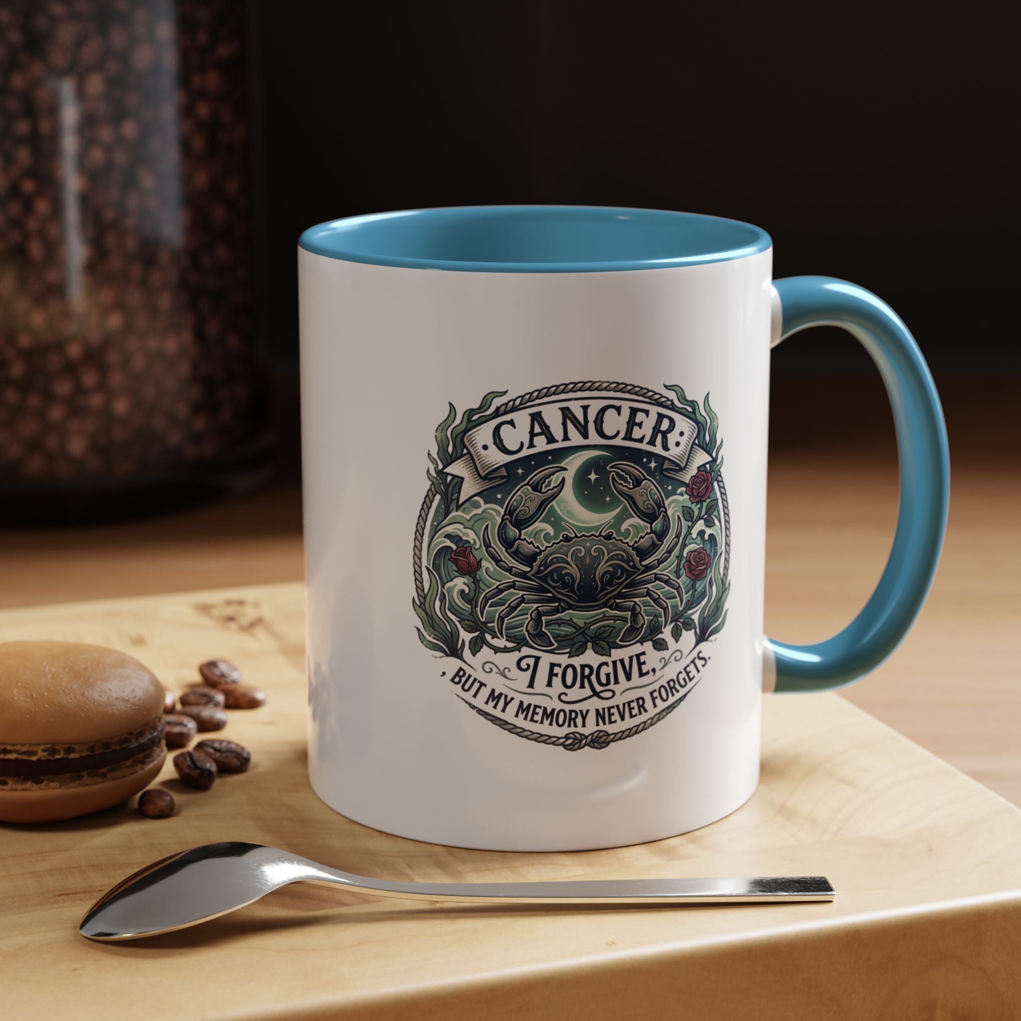 Cancer Zodiac Accent Coffee Mug — 'I Forgive But My Memory Never Forgets' Horoscope Gift