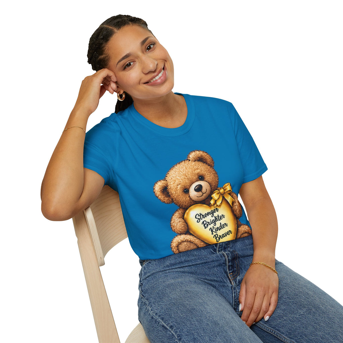 Childhood Cancer Awareness Teddy T-Shirt — "Stronger Brighter Kinder Braver"