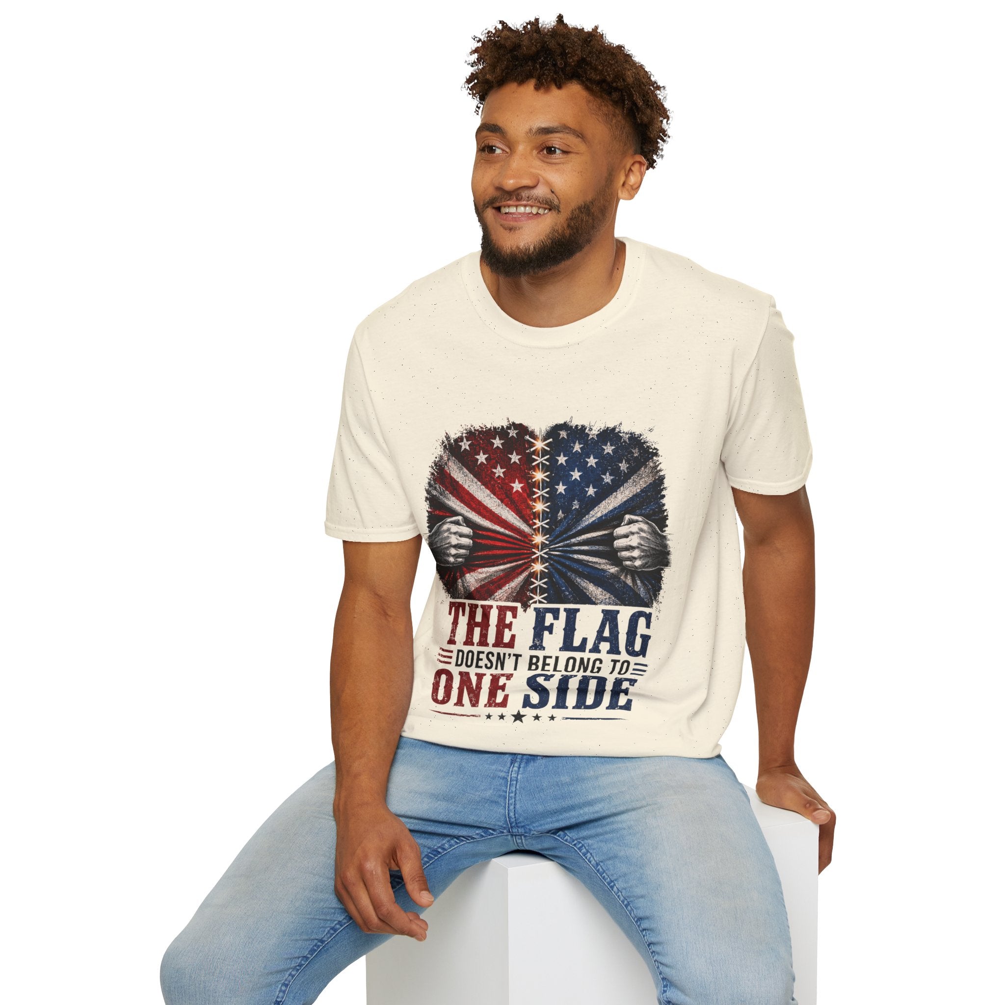 T-Shirt — "The Flag Doesn't Belong to One Side" Distressed American Flag Graphic