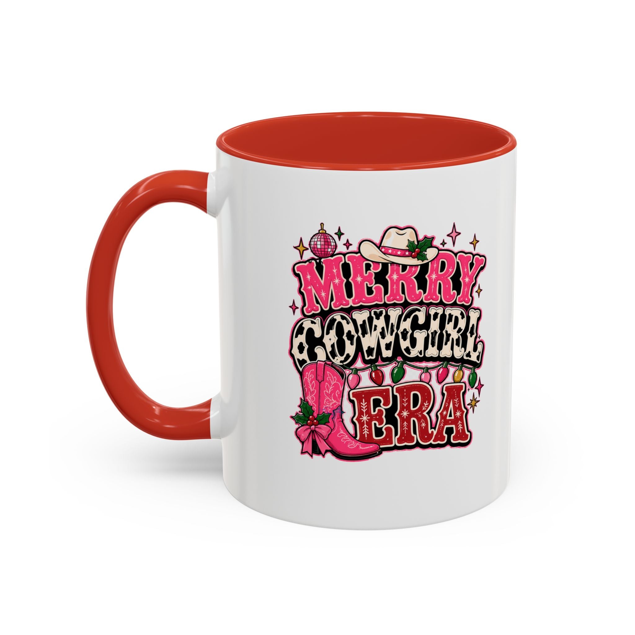 Modern Day Christmas Merry Cowgirl Era Accent Coffee Mug — Festive Pink Western Cowboy Boots & Hat Mug