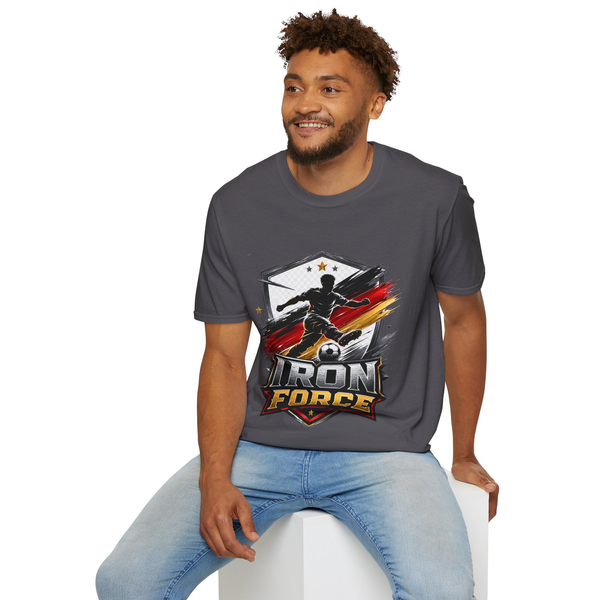 Germany Soccer 'Iron Force' Graphic T-Shirt — Player Silhouette with Red & Gold Brushstroke Emblem