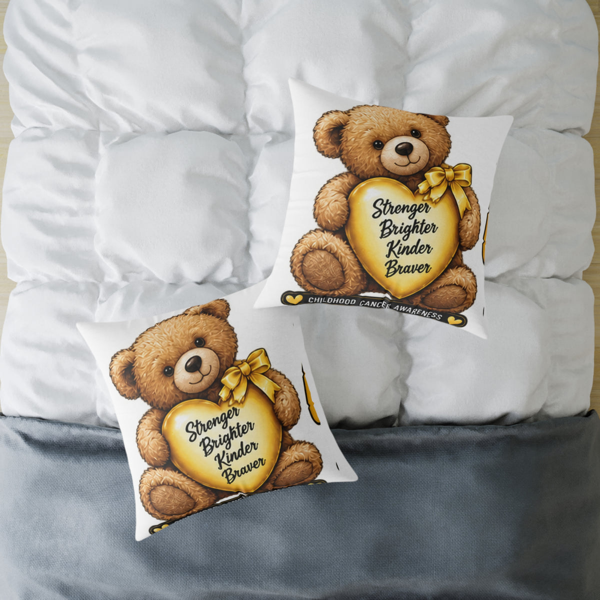 Childhood Cancer Teddy Bear Heart Pillow — "Stronger Brighter Kinder Braver" Decorative Throw Pillow