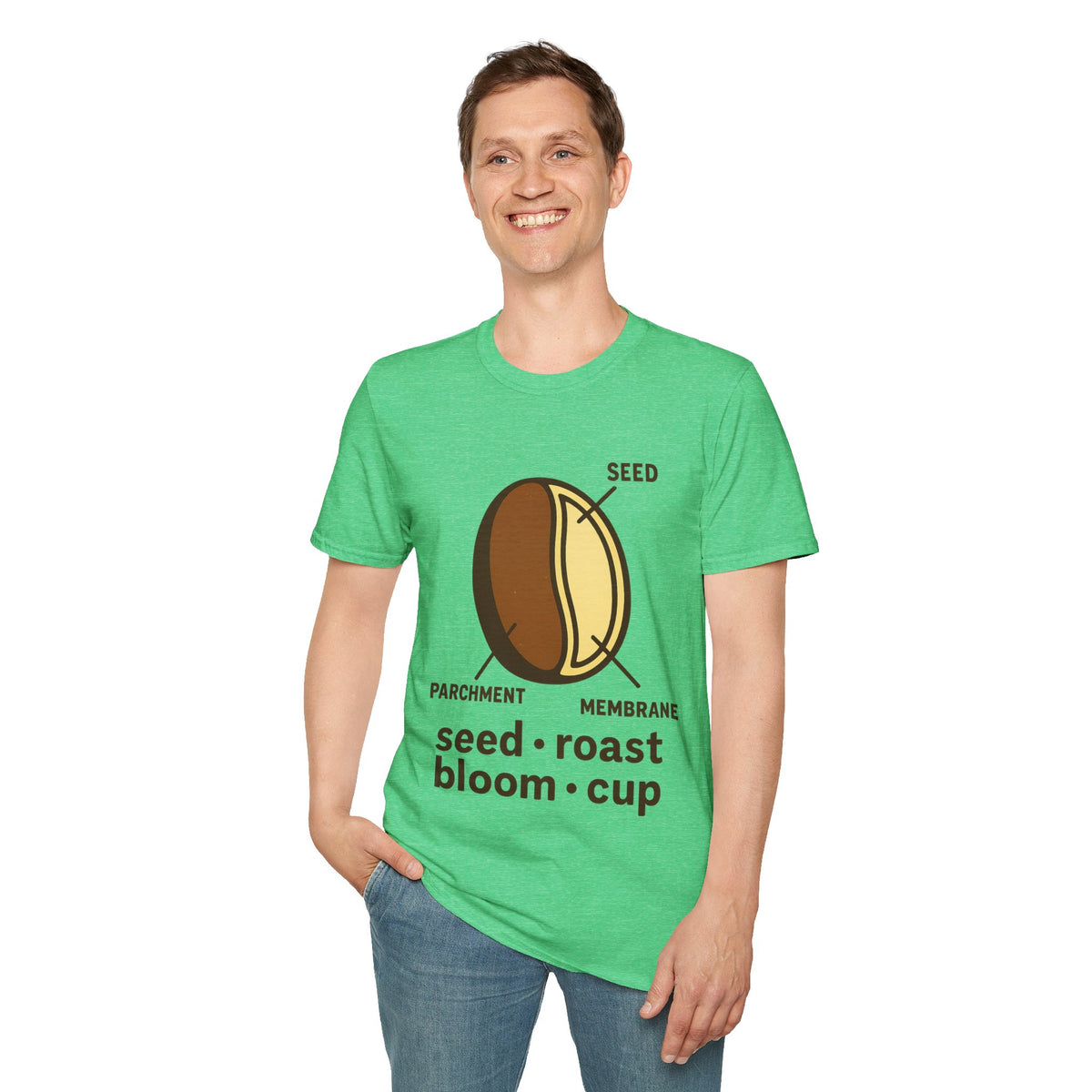 "Seed Roast Bloom Cup" Coffee Bean Graphic Tee - Minimalist Barista Aesthetic White T-Shirt - Trending Now - September 2026
