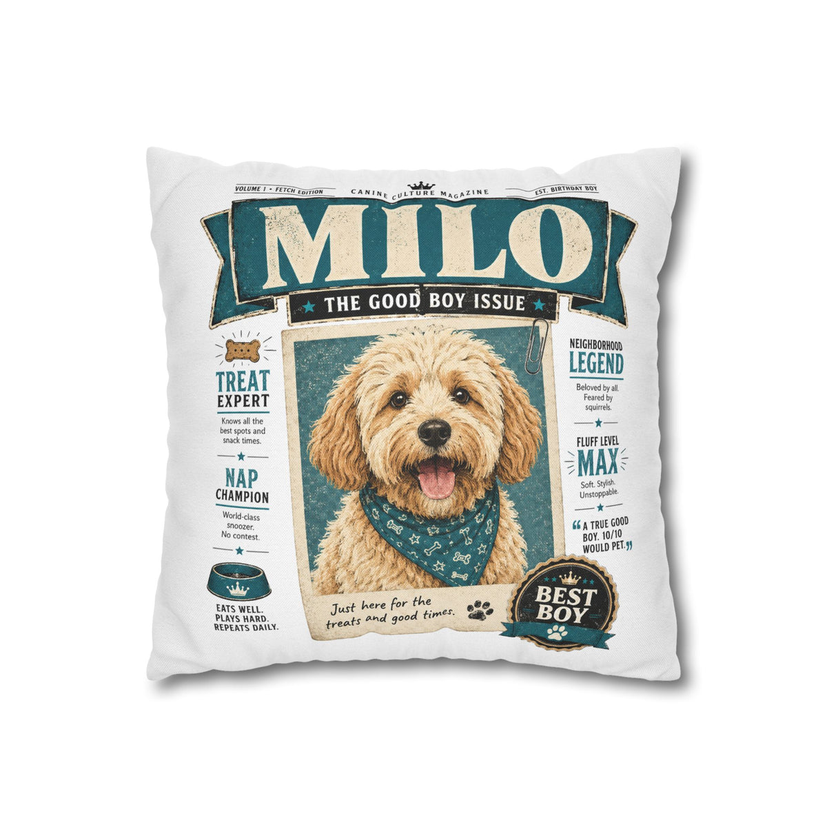 Personalized Dog Pillowcase — "Milo: The Good Boy Issue" Decorative Throw Pillowcase Milo Bailey Dog Dad Mom