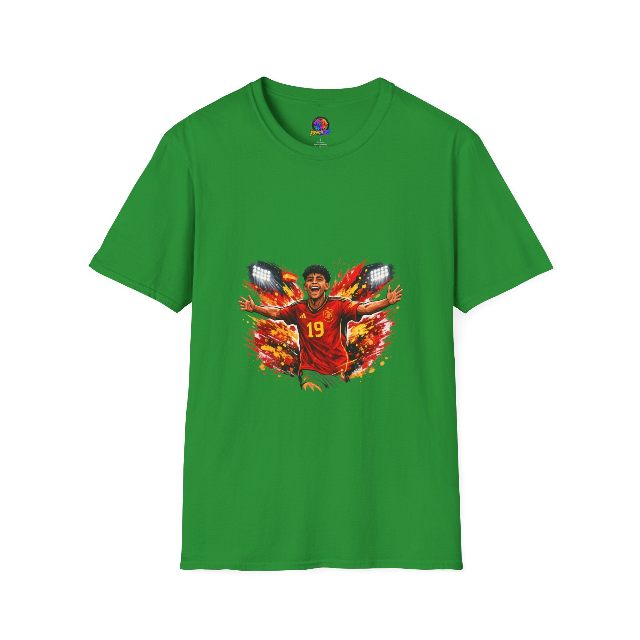 Spain Soccer Fan Portrait T‑Shirt – Fiery Goal Celebration Design