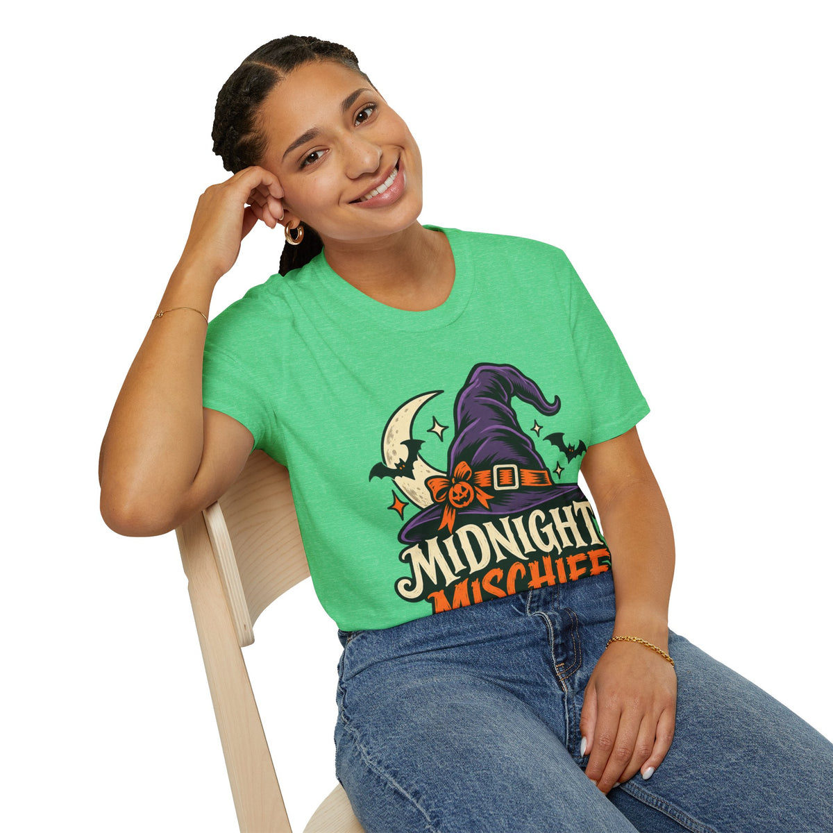Midnight Mischief Halloween T-Shirt — Witch Hat & Bats Graphic