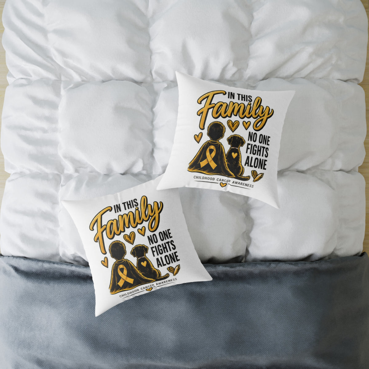 Childhood Cancer Awareness Square Pillow — "In This Family No One Fights Alone"