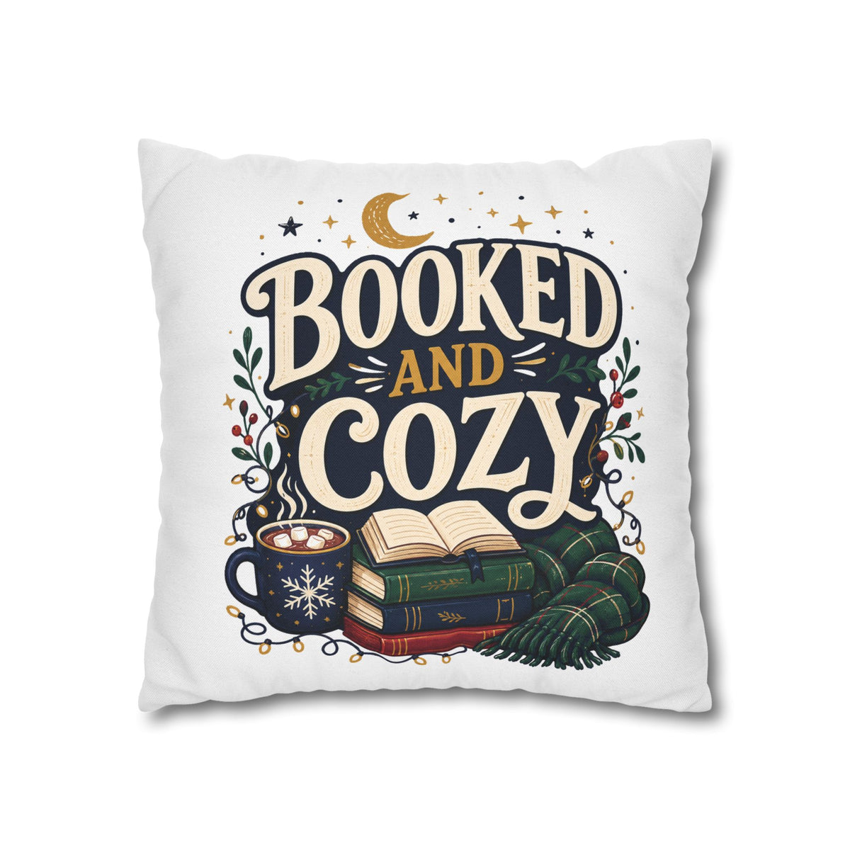 Booked and Cozy Square Pillowcase Modern Day Christmas — Booklover Decorative Throw Pillow Cover