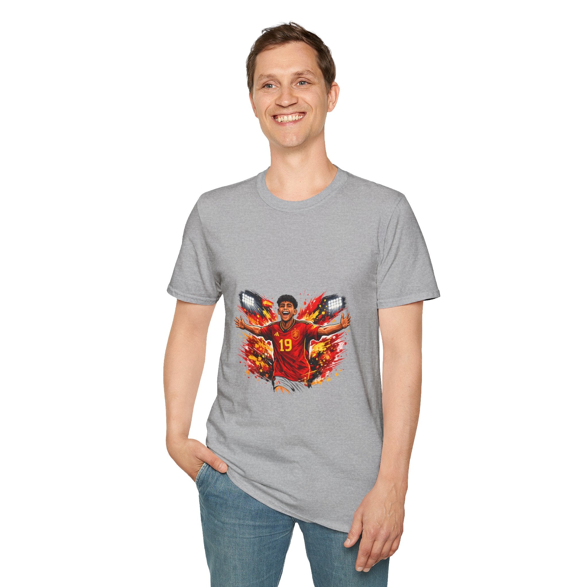 Spain Soccer Fan Portrait T‑Shirt – Fiery Goal Celebration Design