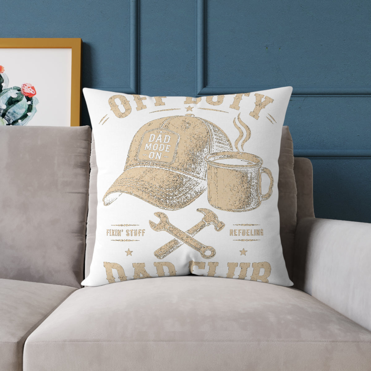 Decorative Pillow  Milo Bailey Dog Dad Mom – "Dad Made It" Cap & Coffee Rustic Throw Pillow for Father’s Day