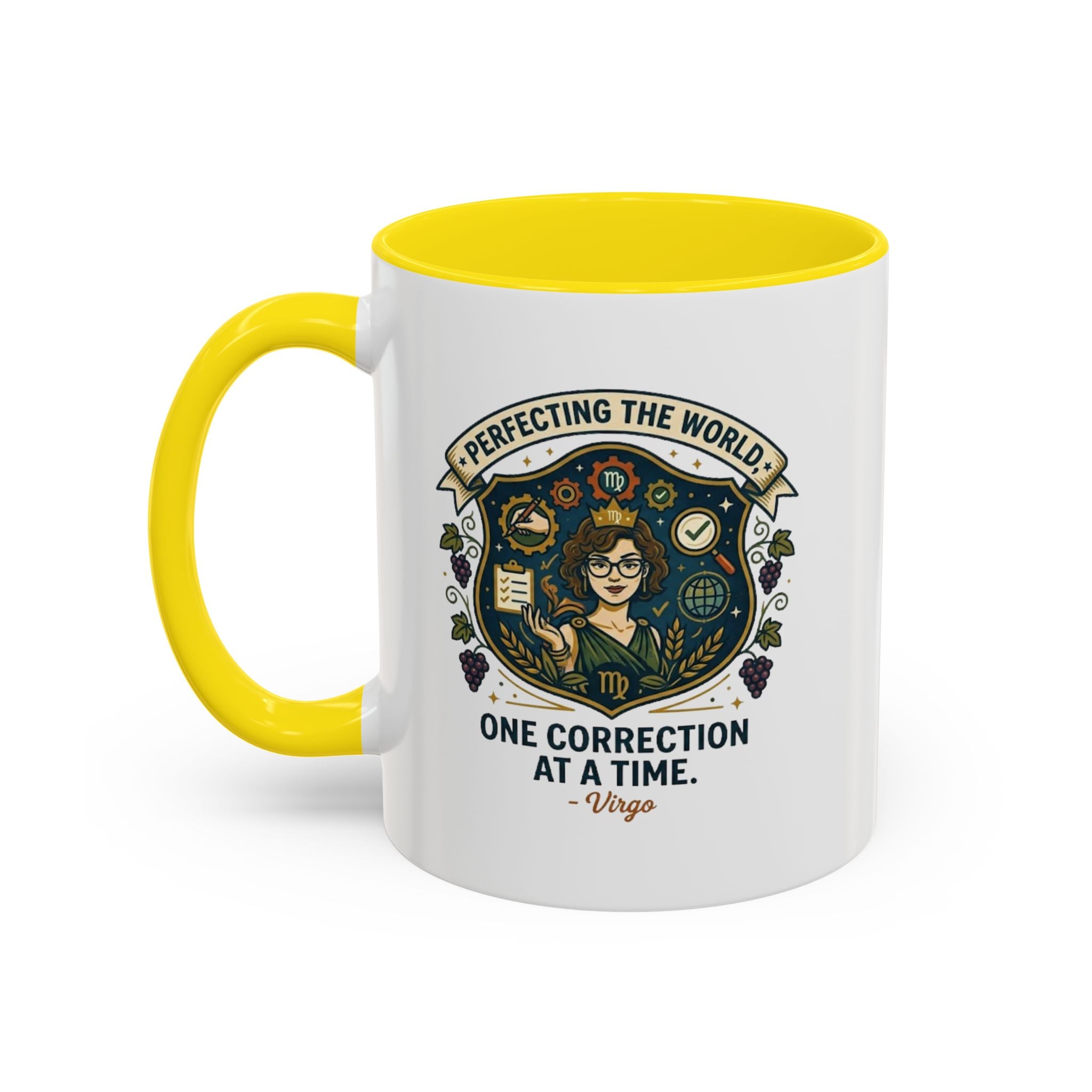 Virgo Coffee Mug — "Perfecting the World: One Correction at a Time" Accent Astrology Gift