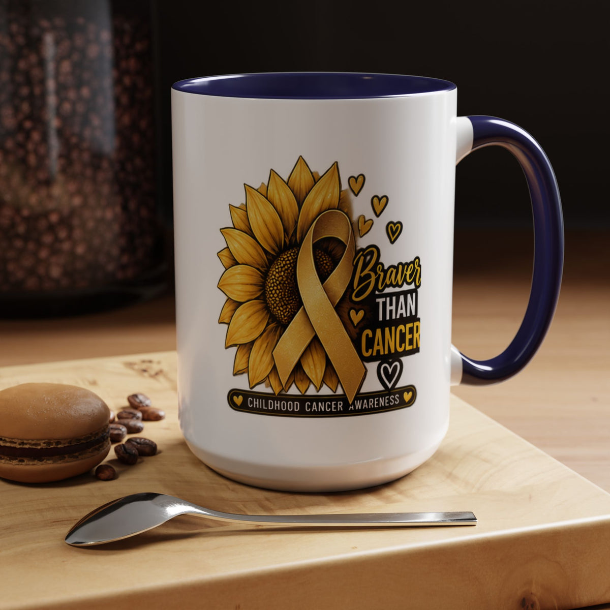 Childhood Cancer Awareness Mug — "Braver Than Cancer" Sunflower & Gold Ribbon