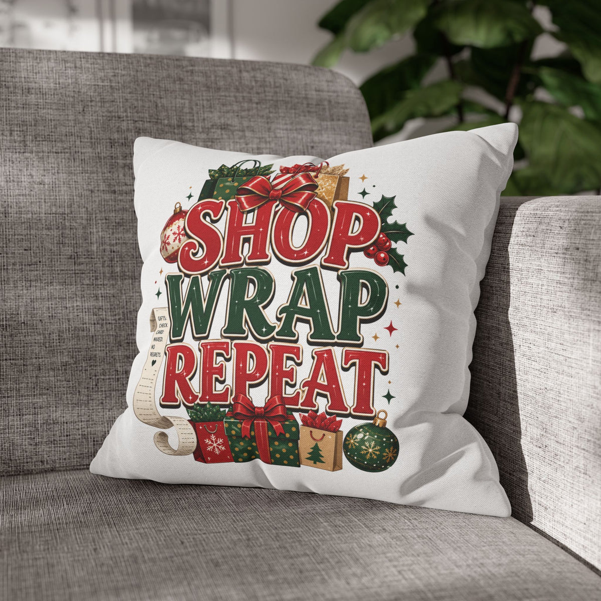 Shop Wrap Repeat Christmas Pillowcase — Holiday Decorative Throw Pillow Cover