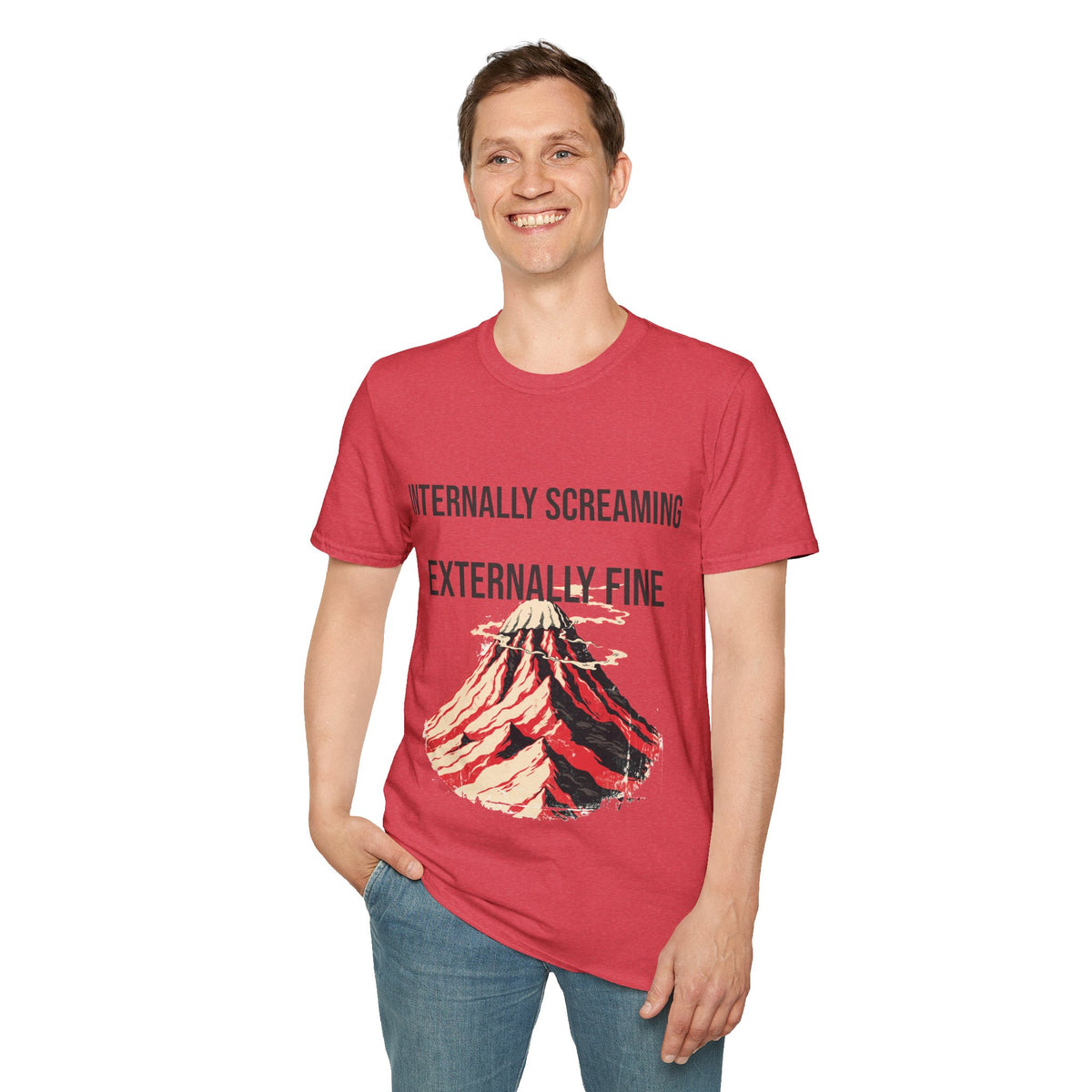 "Internally Screaming Externally Fine" Melting Volcano Tee - Funny Relatable Aesthetic White T-Shirt - Trending Now - September 2026