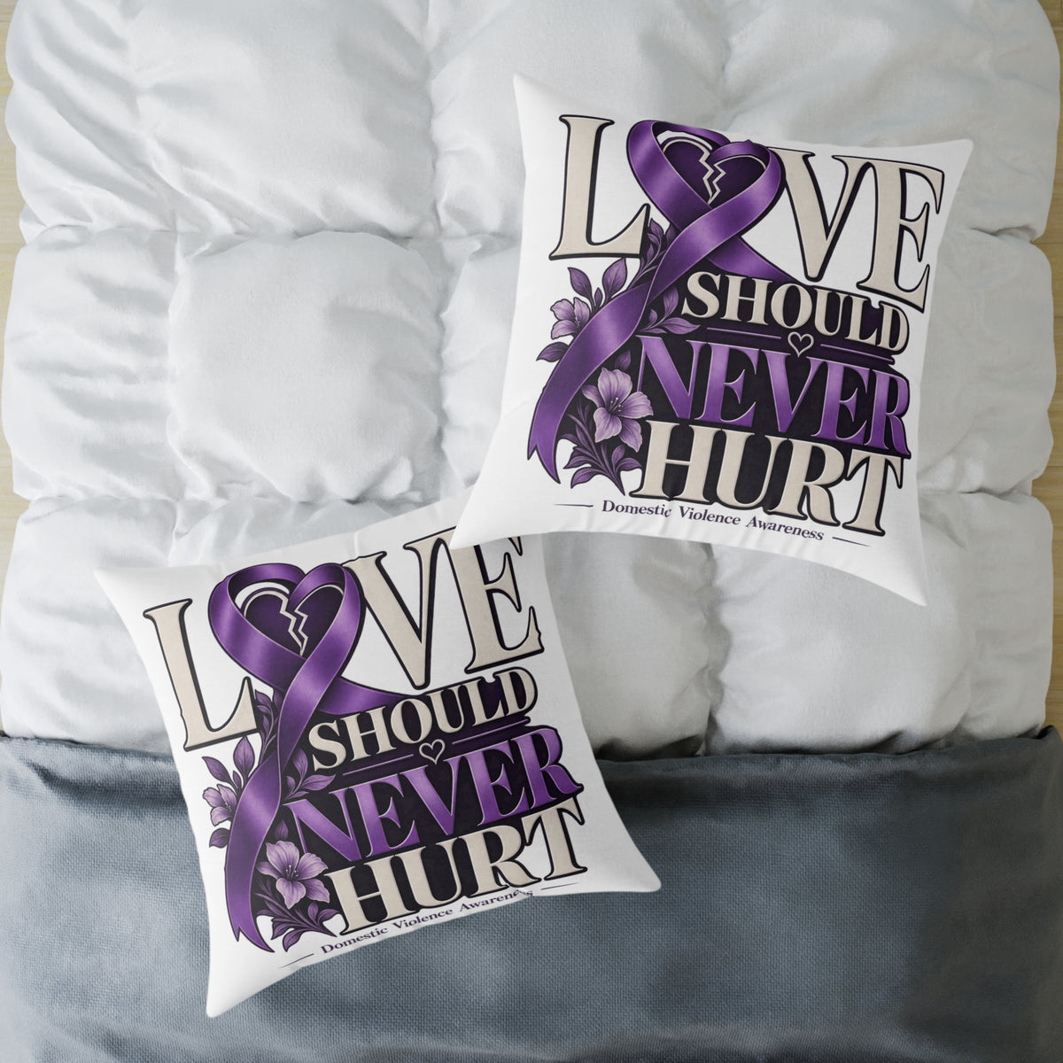 Square Pillow — "Love Should Never Hurt" Purple Ribbon Domestic Violence Awareness