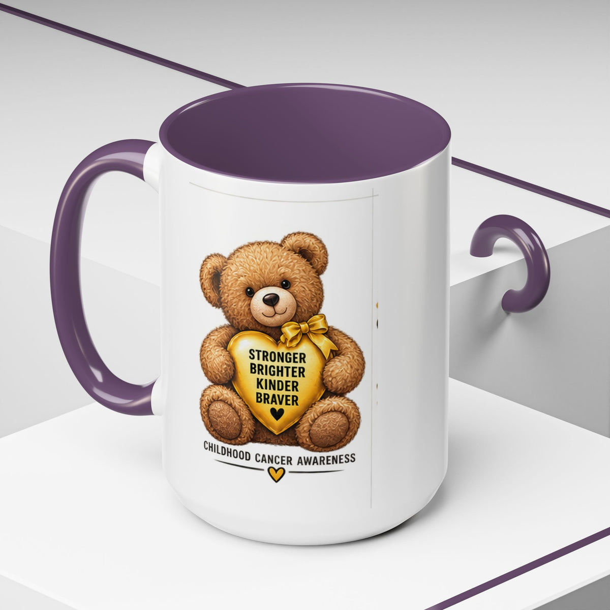 Childhood Cancer Awareness Coffee Mug — 'Stronger Brighter Kinder Braver' Teddy