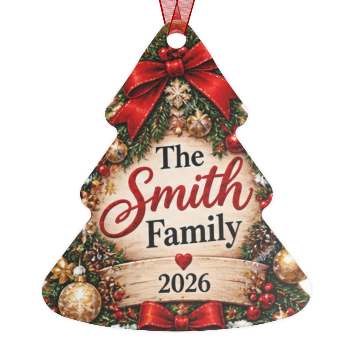 Personalized Family Metal Ornament - Christmas Tree Shape "The Smith Family 2026"