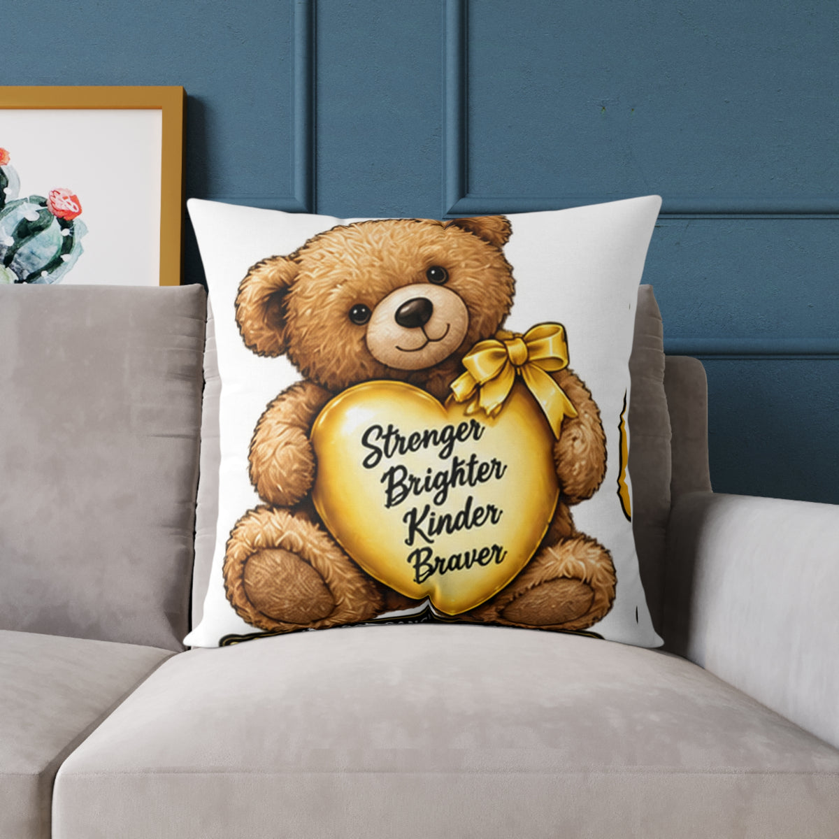 Childhood Cancer Teddy Bear Heart Pillow — "Stronger Brighter Kinder Braver" Decorative Throw Pillow