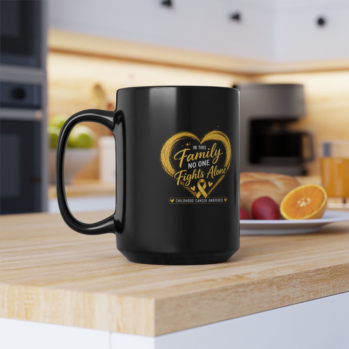 Childhood Cancer Awareness Mug – "In This Family No One Fights Alone" Black Coffee Cup (11oz, 15oz)