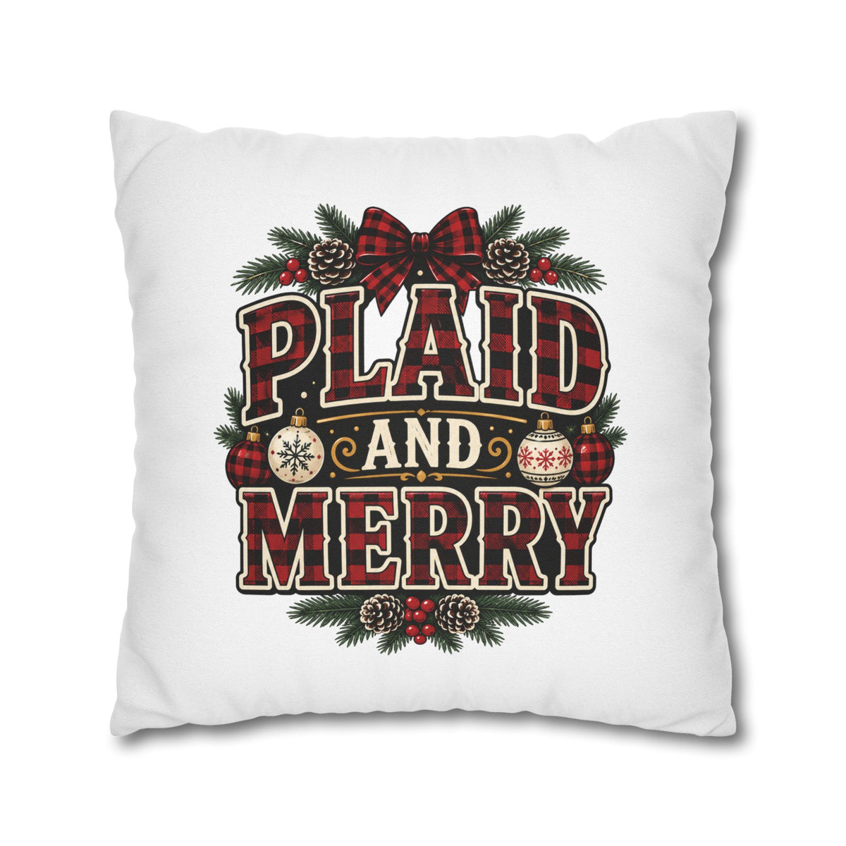 Plaid and Merry Christmas Throw Pillowcase — Festive Buffalo Plaid Holiday Decor