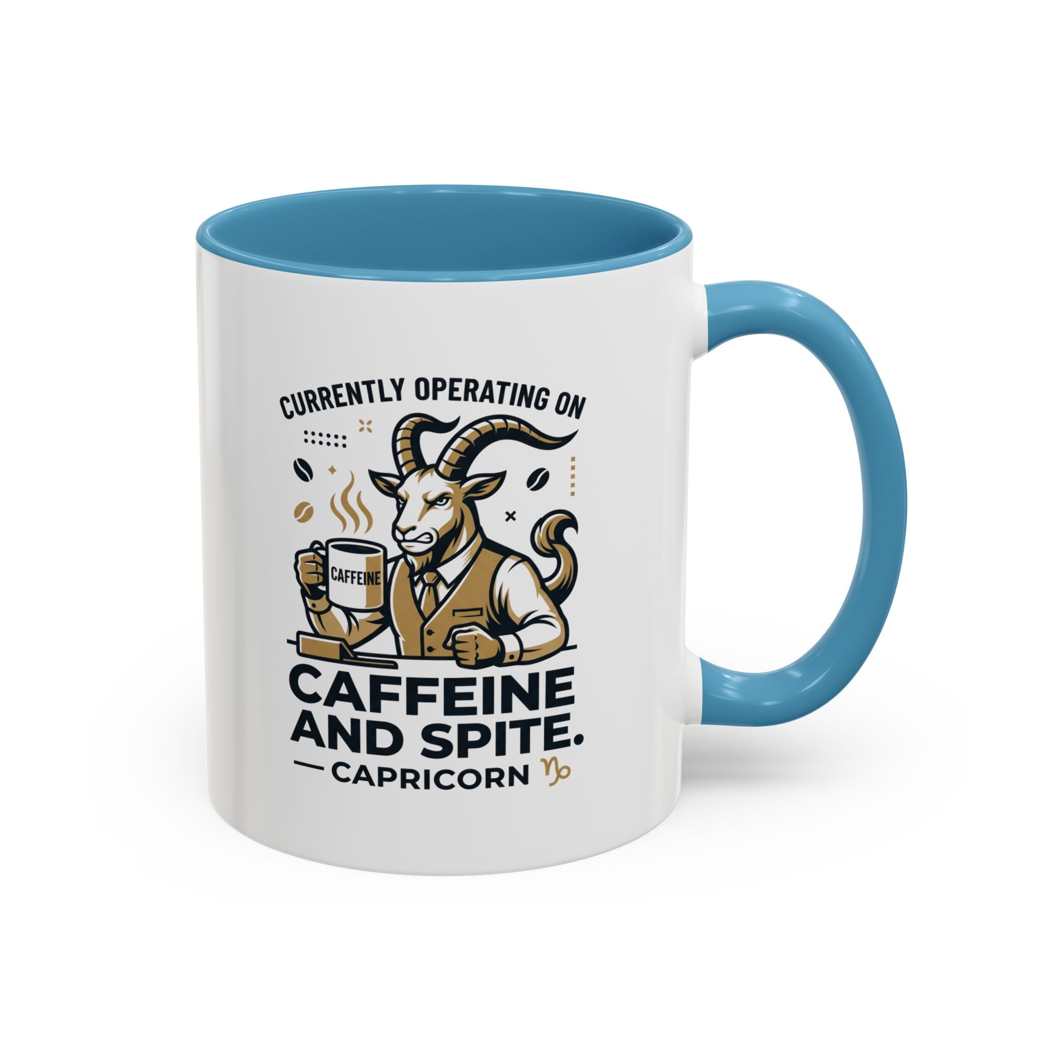 Capricorn Coffee Mug — “Currently Operating on Caffeine and Spite” Accent Mug (11/15oz)
