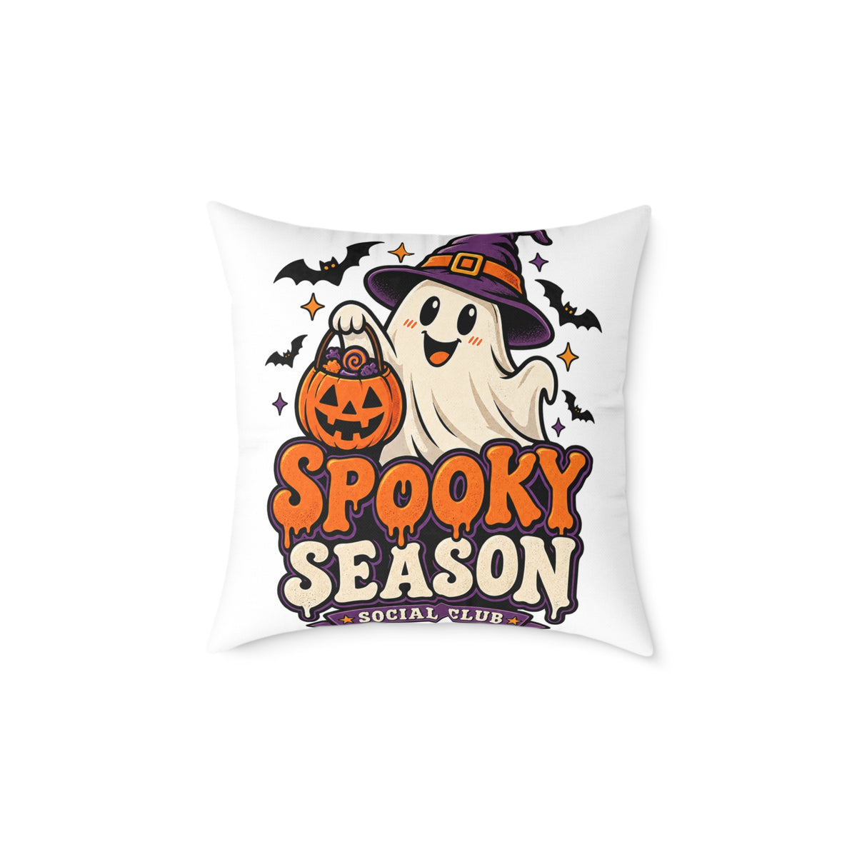 Spooky Season Halloween Pillow - Cute Ghost & Pumpkin Square Throw Pillow