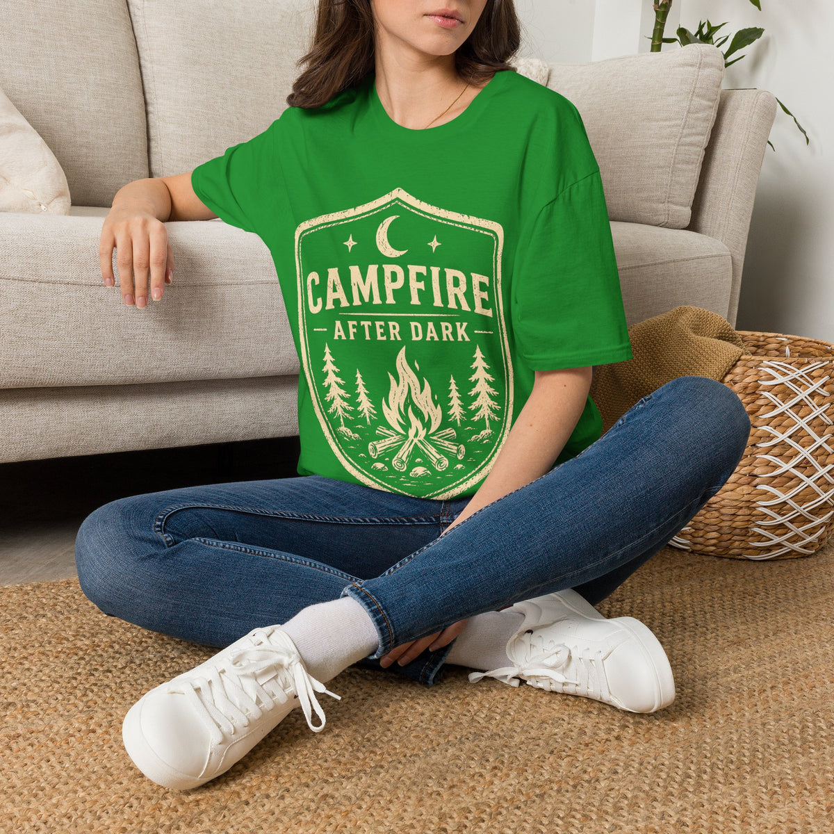 Campfire After Dark T-Shirt — Retro Camping Badge Tee for Outdoor Lovers