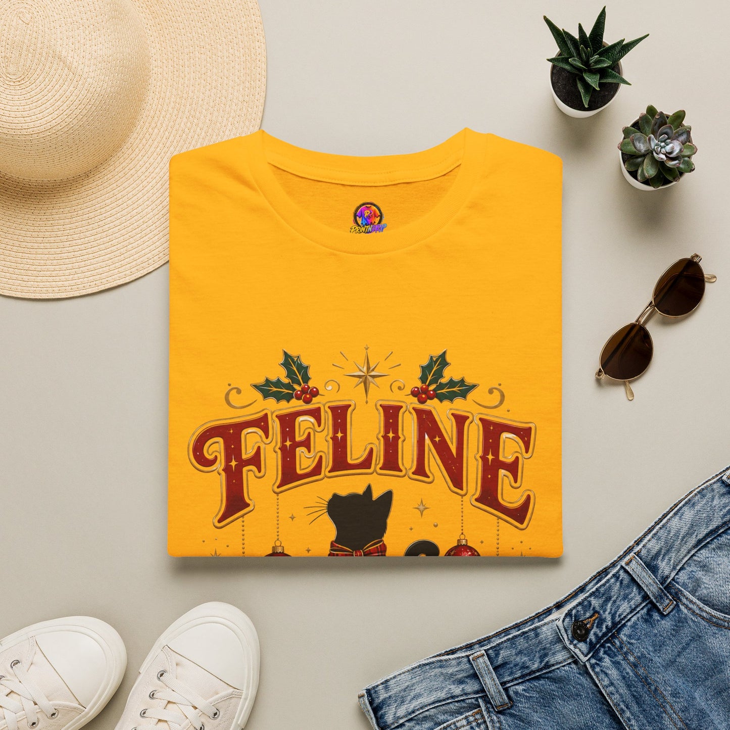 Feline Festive T-Shirt — Cute Black Cat Christmas Holiday Tee