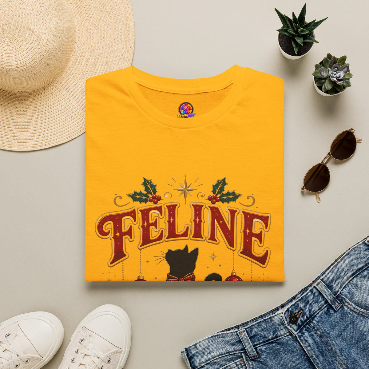 Feline Festive T-Shirt — Cute Black Cat Christmas Holiday Tee